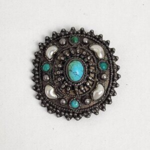 Antique 935 Silver Turquoise Pearl Brooch Pendant Natural Patina Coastal Cowgirl